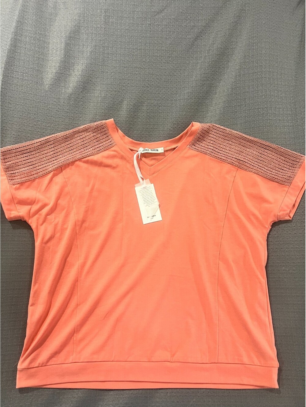NWT Grace Karin Women Medium Coral V-Neck Striped Sleeve Casual Top
